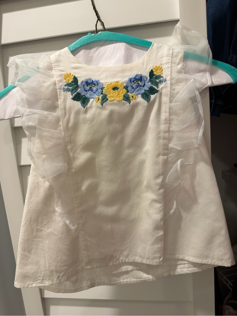 Janie and Jack White Sleeveless Top with Blue and Yellow Floral Embroidery